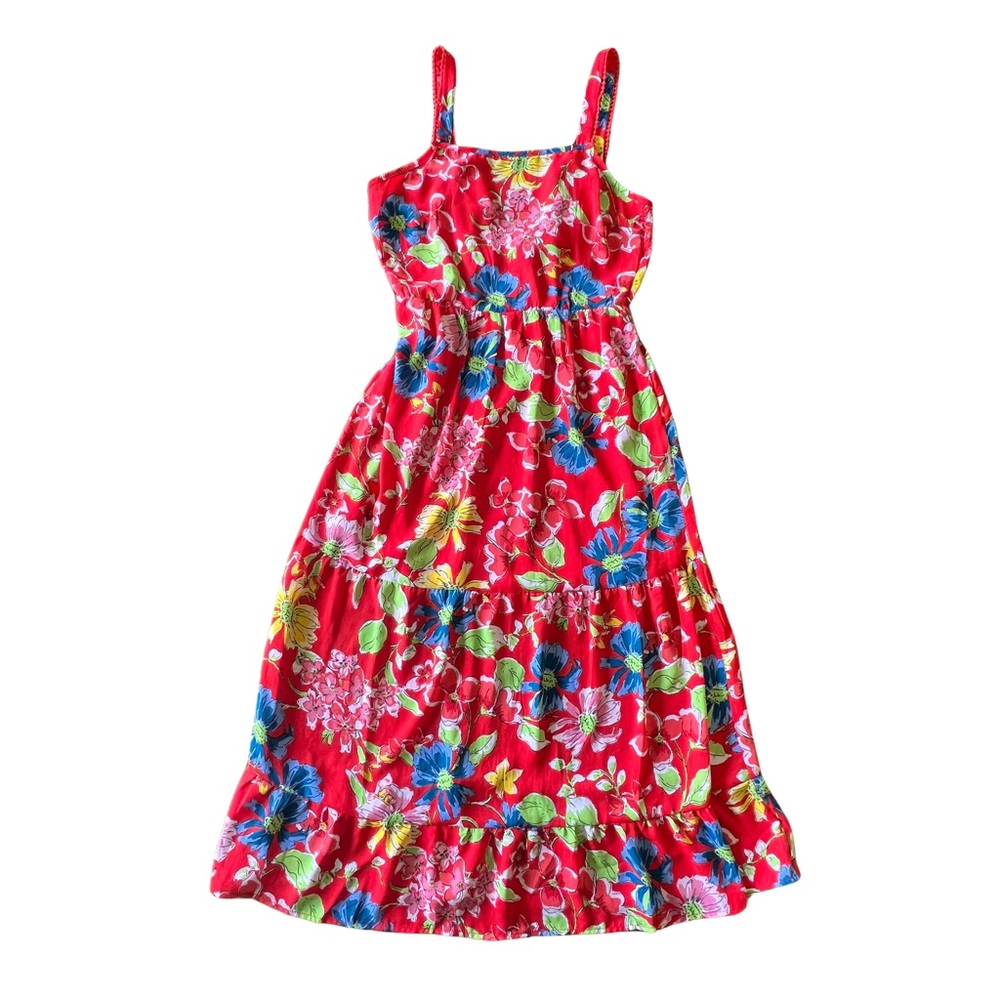 Jessica Simpson Red Tropical Floral Maximalist Tie-Back Summer Midi Dress Size S